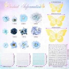 Hoteam DIY Craft Decorations Kit Included Faux Flower Heads 3D Butterfly Adhesive Rhinestones Glitter Alphabet Letter Sticker for Wreath Hat Grad Cap DIY Art Party Wall Decor(Blue)