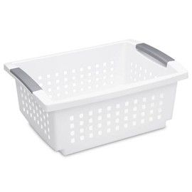 Sterilite Medium Stacking Basket, Plastic Storage Bin to Organize Closet, Countertops, Pantry, & Classroom, White Basket with Gray Handles, 10-pack