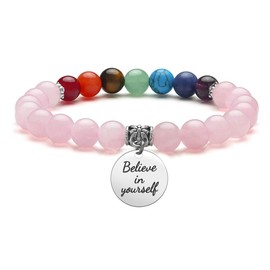 JSDDE Rose Quartz Crystal Bead Bracelet 7 Chakras Healing Gemstone Bracelet Yoga Stone Meditation Bracelets with Text Charm - Believe in Yourself