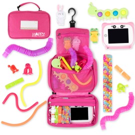 Travel Essentials for Kids – All-in-One Activity Kit for Travel, Road Trip Activities for Kids - Hanging Bag, Includes Toys and Activities for Airplanes, Hotels - Boys & Girls 3+ Years, Toddler Pink