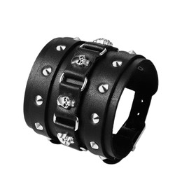 Cupimatch Men's Wide Leather Bracelet: Wrap Bracelet Braided Cuff Bracelet Punk Rock Skull Adjustable Hand Wrap Gothic Bangle Gift for Men Boys, Leather
