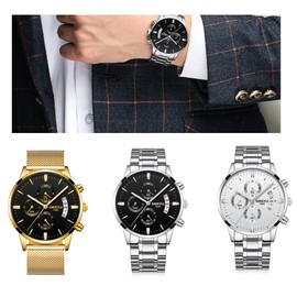 NIBOSI butterfly snap solid steel belt men's watch waterproof coating  luminous three eye 6 needle quartz watch All gold black face