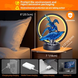 Hmusnwol Dragon Lamp Statue Decor-Collectible Light Gifts - Light Up LED Collectible Blue Dragons Statue Dungeons and Dragons Gifts 8" H for Bedroom Nightstand Bedside Table/Bookshelf/Desk