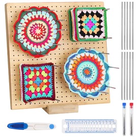 ZDNT Locking Board for Granny Square, Handcrafted Wooden Blocking Board, Crochet Projects, Crochet Wood, Crochet Blocking Boards Full Kit with 10 Stainless Steel Rod Pins and 5 Needles (19.5 x 19.5