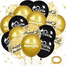 Woosytoo Happy Anniversary Balloons 18Pcs Black Gold Anniversary Party Decorations for Women Men Gold Silver 12Inch Metallic Confetti Anniversary Balloons for Indoor Outdoor Party Supplies