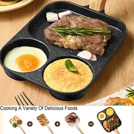 JUSTUP 3-in-1 Nonstick Divided Grill Frying Pan, Heat Resistant Handle 3 Section Skillet Mini Pancake Pan, Cooking Pan for Breakfast, Egg, Bacon and Burgers (Black)