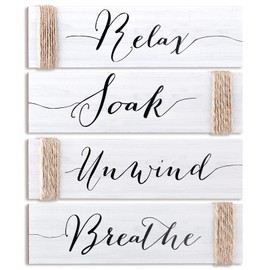 Jetec 4 Pieces Farmhouse White Bathroom Decor Wall Art Bathroom Sign with Hemp Rope Rustic Decor Relax Soak Unwind Breathe Wood Sign for Home Spa Bath Decoration, 11.8 x 3 Inch