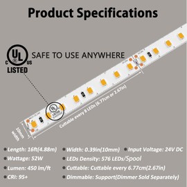 PAAYIBRIL Neutral White LED Strip Lights 4000K, 450LM/ft Ultra Bright, CRI 95+, UL Listed, Premium High Density 2835, 16ft, 576 LEDs, 24V DC LED Tape Light for Room, Kitchen, Cabinet (No Power Supply)