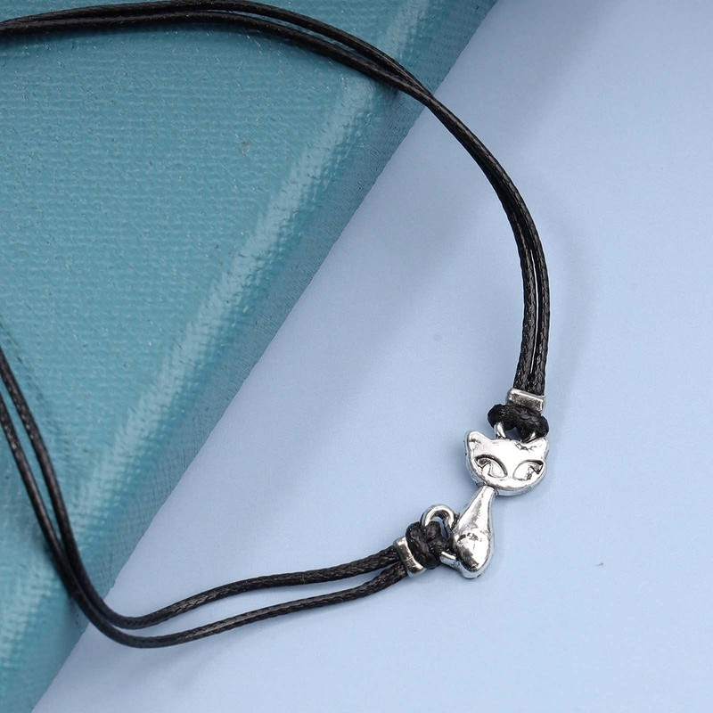Yheakne Boho Cat Bracelet with Black Drawstring Bracelet with Leather