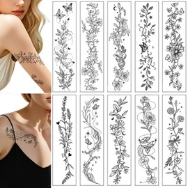 Floral Temporary Tattoos Long Black Butterfly Wild Flower Waterproof Fake Tattoos 10 Sheets Body Art Stickers for Women