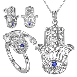 Vintage Hamsa Hand of Fatima Evil Eye Adjustable Ring Earrings Necklace Good Luck Success Amulet Jewellery Set for Girls and Women 925 Sterling Silver Hamsa Hand of Fatima Necklace Earrings Set FS191W