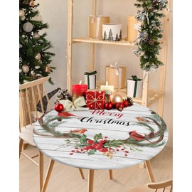 Fitted Tablecloth for Round Table,Antlers Christmas Cardinal Bird Red Berry Table Cover with Elastic Edge Waterproof Table Cloth,Farm Vintage Wood Board Circle Table Covers for Kitchen Indoor 55-60in