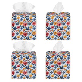 Tissue Box Cover Square Leather Colorful Flowers Tissue Box Cover Holder for Bathroom Night Stands Desk Tabletop Living Room Home