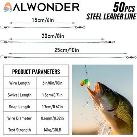Alwonder 50PCS Fishing Leaders, Fish Line Stainless Steel Wire with Swivels Snap, High-Strength 30LB Hi-Low Rig Fishing Wire Leader Fishing Tackle Gear Connector for Lures Baits Rigs Hooks
