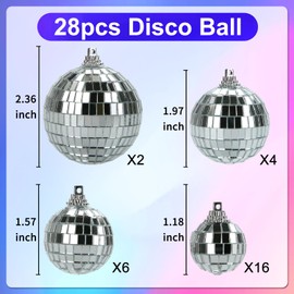 28 Pack Disco Ball, Disco Ball Party Decorations Silver Hanging Reflective Mirror Balls Ornaments 70s Disco Party Supplies Birthday Holiday Wedding Christmas Tree Decor