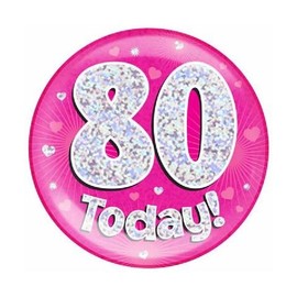 Age 80 Birthday Badge Pink And Silver Stars And Hearts Holographic Recyclable 80th Birthday Party Badge OTP