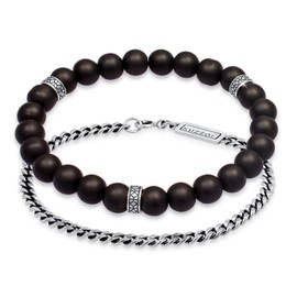 Kuzzoi Buddha 0205411820 Men's Bracelet Set Consisting of an Elastic Onyx Gemstone Bracelet with Silver Beads and a Curb Bracelet Made of 925 Sterling Silver Oxidised Length 19-21 cm, 21 cm, Sterling