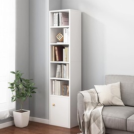 IOTXY Small Narrow Corner Bookcase - 59" Tall Free Standing Gap Storage Cabinet, 6 Lattices Open Shelves Tower Rack with Door, Cubes Bookshelf, White