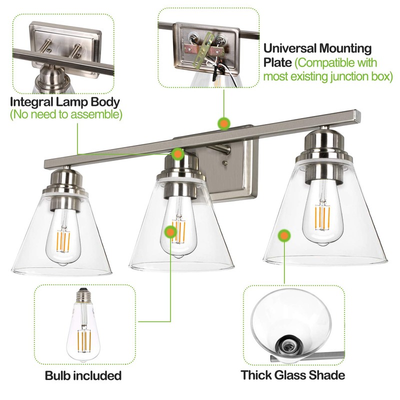 hykolity 3-Light Vanity Light Fixture, 5-Piece All-in-One Bathroom Set (E26