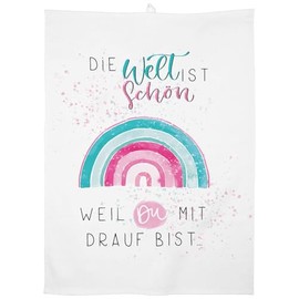 Gruss & CO Tea Towel Motif Die Welt ist schön | Cotton, 60 cm x 45 cm, Coloured Motif Print | Gift, Kitchen, Cooking, Barbecue, 47093