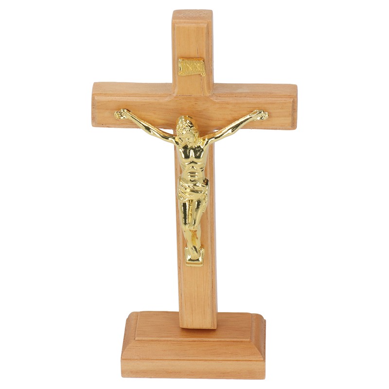 Crucifix Table Cross Hand Crafted Light Brown Durable Beech Metal