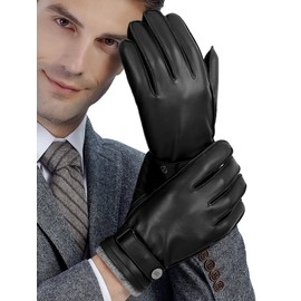 GSG leather gloves for men Sheepskin Classic Driving Gloves Winter Touchscreen Wool Lined Warm Gloves Black,L