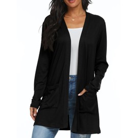 QIXING Casual Lightweight Cardigan Women's Long Elegant Thin Cardigan Long Sleeves with Pockets Open Front Cardigan Women's Autumn, 01 black