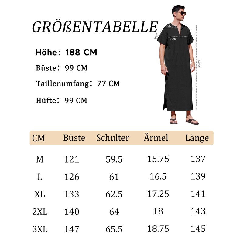 YAOHUOLE Men's V-Neck Kaftan with Side Split, Short Sleeve Cotton