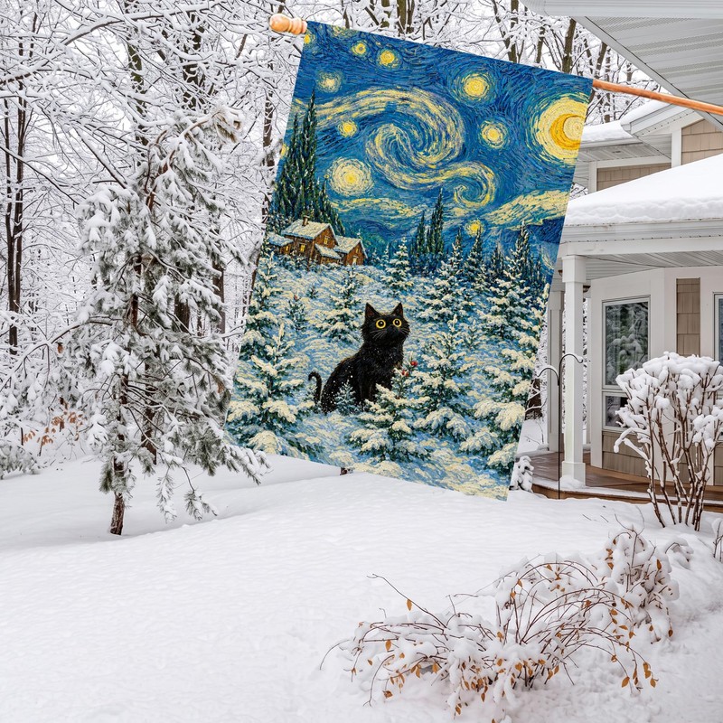 Christmas House Flag 28x40 Inch Large Winter Black Cat Farmhouse