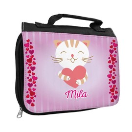 Toiletry Bag with Name Mila and Cat Motif with Hearts for Girls | Toiletry Bag with First Name | Wash Bag for Children