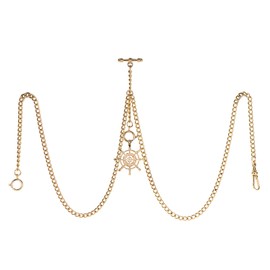 TREEWETO Men's Double Albert Chain Pocket Watch Curb Link Key Chain 3 Hooks with Antique Gold Rudder Pendant Design Charm Fob T Bar