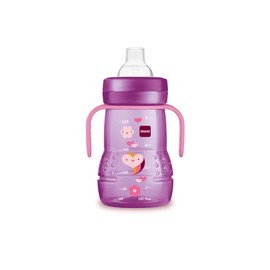 MAM Plastic Trainer Cup (1 Count), 8 oz. Trainer Drinking Cup with Extra-Soft Spout, Spill-Free Nipple, and Non-Slip Handles, for Girls 4+ Months, Designs May Vary | MAM
