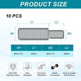 PATIKIL M10x20 to M12x20 Double End Threaded Stud Screw Bolt, 10 Pack Slotted Head 304 Stainless Steel Rod Bolts Thread Reducer Adapter for Furniture Fastener, 41mm Long