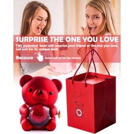 FONYICK Red Bear with Preserved Rose, Gifts for Her, Real Rose Flower in Bear Belly with Elegant Gift Box and Necklace for Weddings, Gift for Girlfriend Boyfriend Mother Father