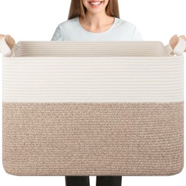 OIASKET XXXL Supre Large Blanket Basket for Clothes, Towels, Pillows, 108L Cotton Rope Storage Basket for Living Room, Woven Toy Storage for Kids, 25" x 16" x 16", Brown and White