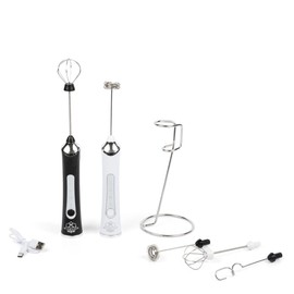 Handheld Frother Electric Whisk, Milk Foamer, Mini Blender and Electric Mixer, 3 Heads 3 Speed Adjustable, Rechargeable Hand Mixer Wand for Latte, Egg Beater, Powder Mixer, With Stand (300, Black)