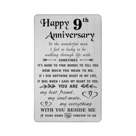 TANWIH 9 Year Anniversary Card Gifts for Him Men, Willow 9th Anniversary Card for Husband, 9th Wedding Gifts for Him Pottery, Engraved Metal Wallet Insert
