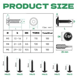 Jyvex Wood Screws Torx Black M4 x 18 Pack of 100 Stainless Steel A2 V2A Self-Tapping - Torx Flat Head Full Thread for Acoustic Panels, Wood and Metal