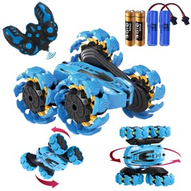 Remote Control Car, New Upgraded Double-Sided 360° Rotating RC Toy Cars with LED Headlights, 2.4GHz Rechargeable Electric Race Stunt Car with 4WD, Best Gift for 6-12 Year Old Boys and Girls (Blue)