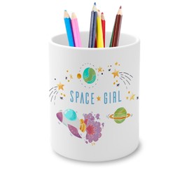 Fabulous Ceramic Pen Pot - Space Girl Rocket Moon Planet Space Original Illustration - 11oz