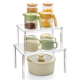 Clear Spice Rack, Kitchen Organiser, Mounted Kitchen Cabinet Organiser, Set of 2, Stackable Spice Organiser, Kitchen Corner Shelf, Mini Shelf for Worktop, Kitchen, Pantry, Dressing Table Organiser