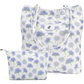 Yonsya Corduroy Tote Bags, Travel Shoulder Beach Bag with Makeup Bag for Women Work Lunch Grocery Shopping Shopper Handbags (Purple Flower)