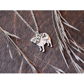 Pug Charm Necklace, Pug Gift, Silver Metal with Heart Pendant on a Chain, Ladies I Love my Puppy (Pug)
