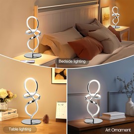 Mayful Modern Table Lamp with LED Spiral Design, Bedside Lamp with Stepless Dimming Switch, Contemporary Nightstand & Chrome Table Lamp for Bedroom, Living Room, Home Office, 12W 3200K Warm White