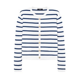 BTFBM Women's Cardigans Sweater 2024 Fall Striped Long Sleeve Button Down Crop Open Front Knit Outerwear Deco Pockets(Striped White Blue, Small)