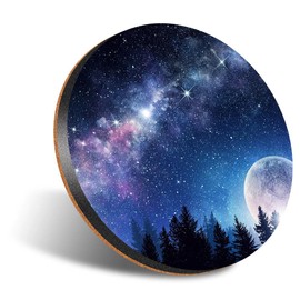 1 x Round Jumbo Size Coaster 12cm Night Sky Moon Stars Forest Cork Backed MDF Glossy Tea Coffee Accessory #51567