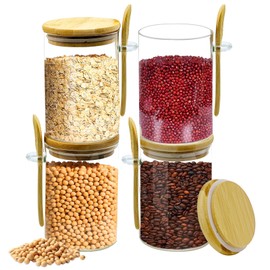 QIUBAOBAO 4 pcs glass jars with bamboo lids and spoon, 17 Oz glass containers with lids, airtight food storage containers, for Coffee Beans, Nuts, Candy, Spices, canisters sets for the kitchen