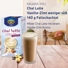 KRÜGER YOU chai latte Vanille-Zimt weniger süß, Instantzubereitung für Teegetränke, aromatisiert mit Vanille-Zimt-Geschmack mit weniger Zucker, 140 g (10 x 14 g Sachets)