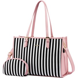 LOVEVOOK Laptop Bag for Women, Large Capacity Tote Bag, Handbag Shoulder Bag Purse, Business Work Computer Briefcase Travel Bag, 2 Pcs Set for 15.6-inch Laptop, Pink-Stripe