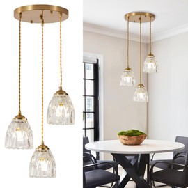 BCGMYLN 3-Light Pendant Light, Adjustable Hanging Light Gold Dining Room Chandelier Light Fixture Over Table, Pendant Lighting E26 Base Ceiling Lamp, Gold